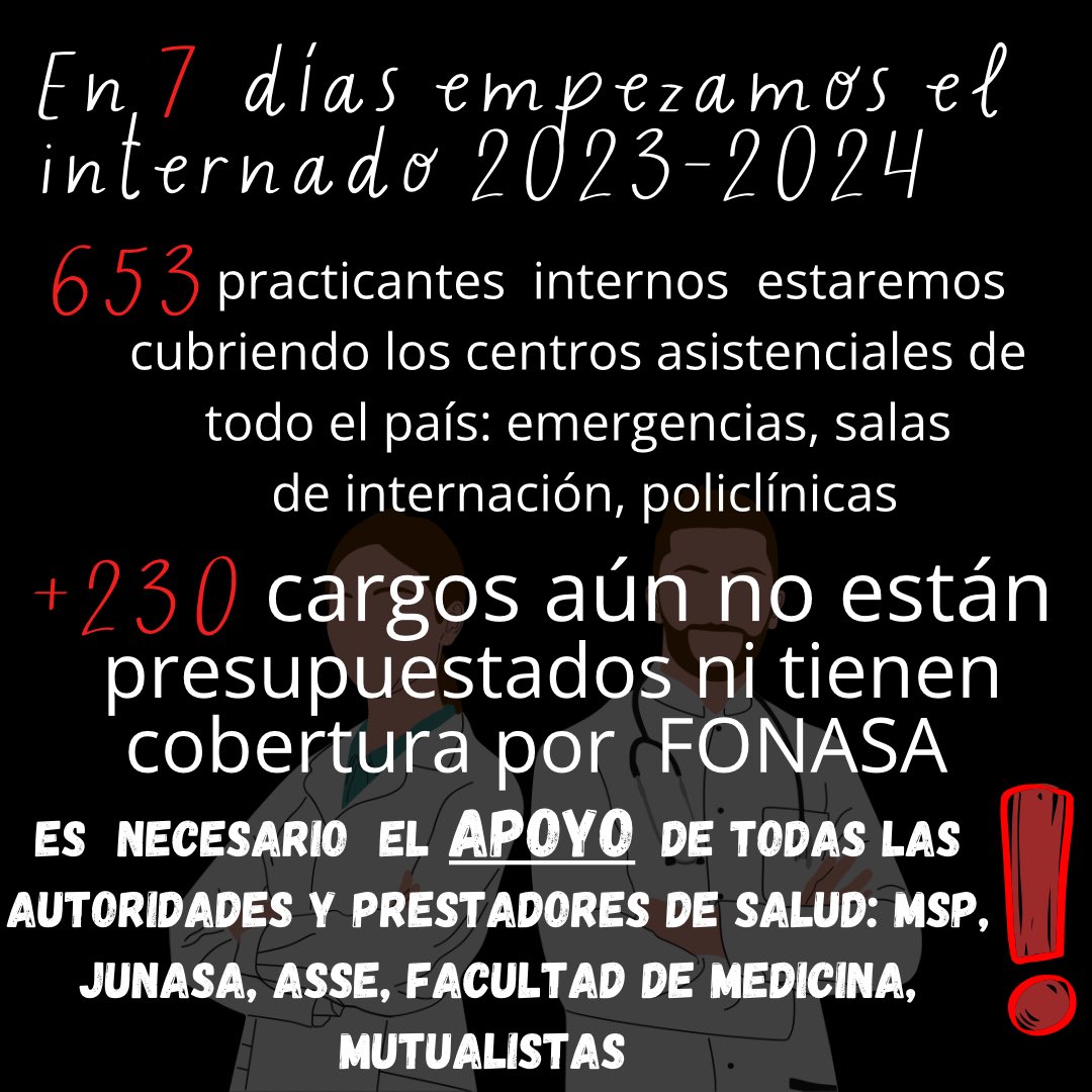 Hola! Estamos a 7 días de empezar  el internado 🔜🏥
Durante un año +230 practicantes internos estarán trabajando sin recibir  remuneración  ni estar cubiertos por FONASA ante un posible accidente laboral ‼️
Solicitamos el apoyo de las autoridades involucradas y los centros