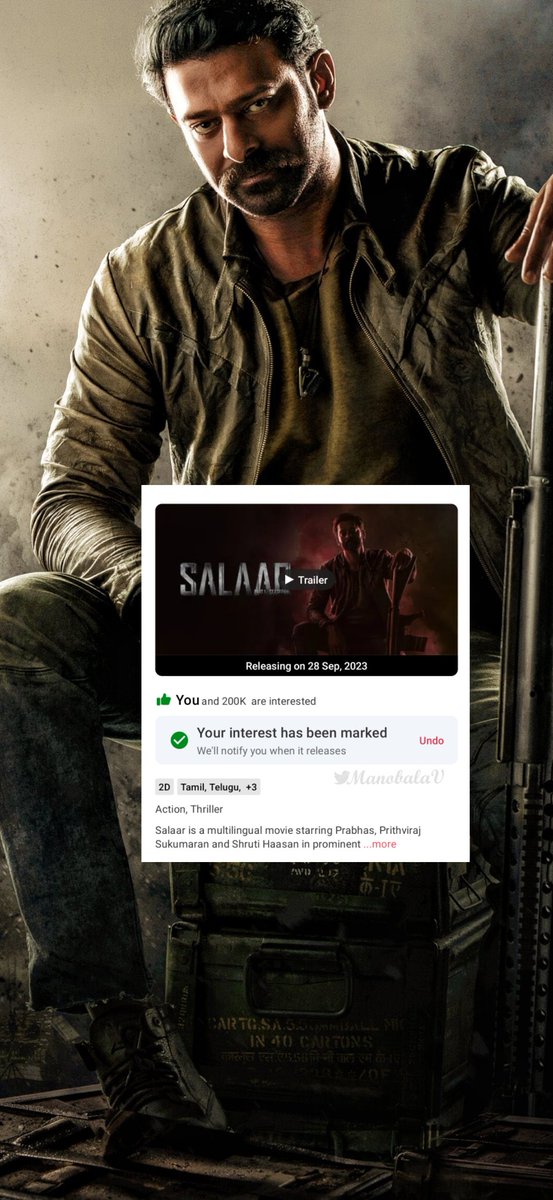 ManobalaV's tweet photo. PAN World Star #Prabhas' #Salaar HITS 200K interests on BMS.

Currently the highest RECORD for an upcoming movie! https://t.co/txC36sflFc