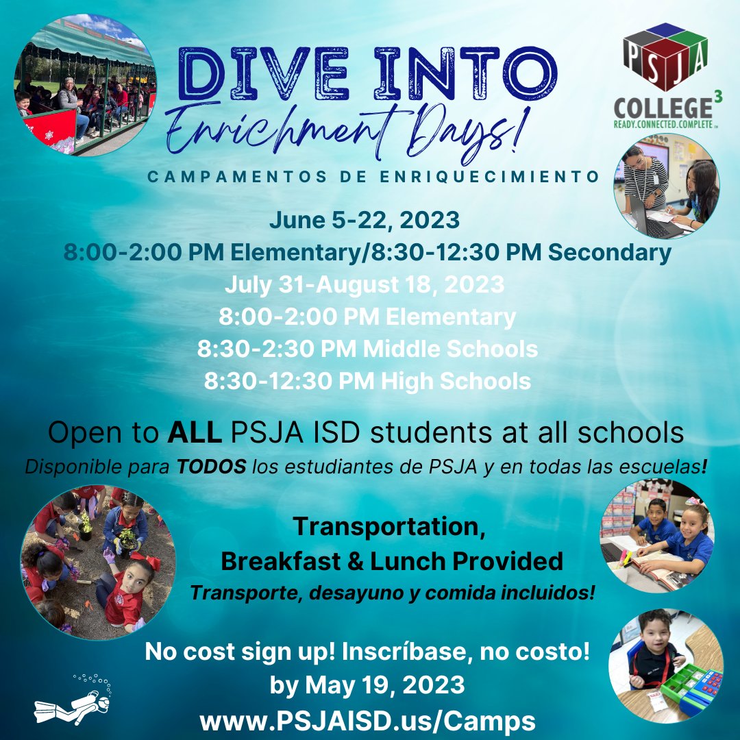 PSJA Family, don't forget! Our 2023 Back to School Enrichment Camps will start next week July 31 - Aug. 18, 2023.

Camps are open to all PSJA ISD students free of cost. Breakfast/lunch &amp; transportation will be provided.

Visit bit.ly/3rGKvUc to sign-up your child!
