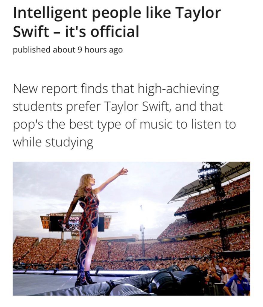swifferupdates's tweet photo. 📝| "Taylor Swift is the top star listened to by students with high GPAs"

- Via a study conducted by College Rover (US website that helps match students to college courses) https://t.co/9aBYFVy2pl
