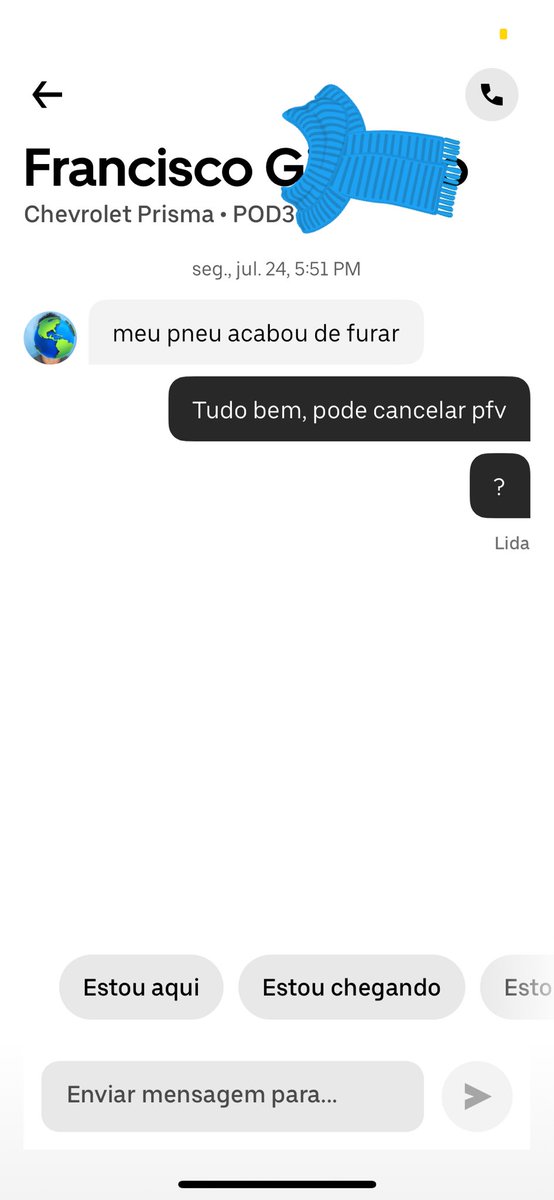 17H50min pedi o Uber e o motorista disse que o pneu furou, pedi pra cancelar e até agr nada, vai rodar a fortaleza todinha pq cancelar eu tbm não vou
