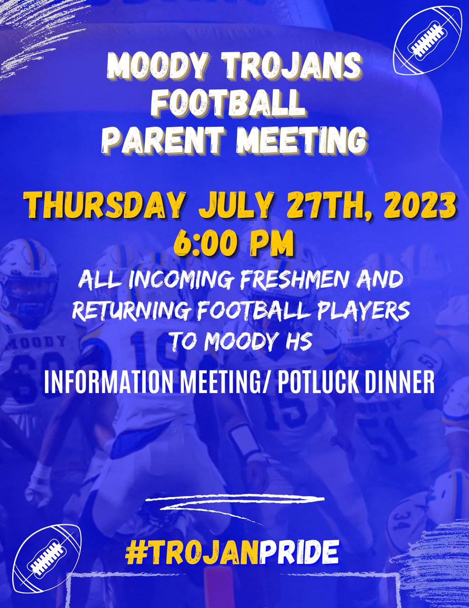Below is our schedule for Equipment Pick Up Wednesday July 26th and Thursday July 27th. Please make sure all Physical and Rank One paperwork is complete prior to picking up equipment. Thursday is also a Parent Meeting and Potluck Dinner at 6pm.
#TrojanPride🔵🟡