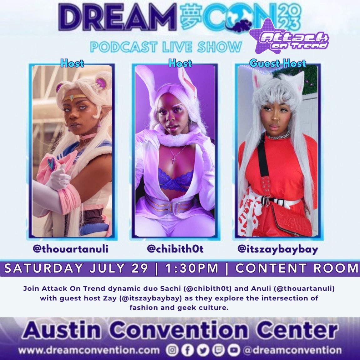 chibith0t's tweet photo. THE NERDIEST FASHION PANEL IS BACKKKKKK‼️‼️
👚👗👖🧢🩳🕶️

Your fave cosfashion duo host @thouartanuli &amp; I are back at dreamcon for a special LIVE EPISODE of #ATTACKONTREND!! 🥳
With very special guest @Itszaybaybay 🤩💞 https://t.co/756RSmOpQK