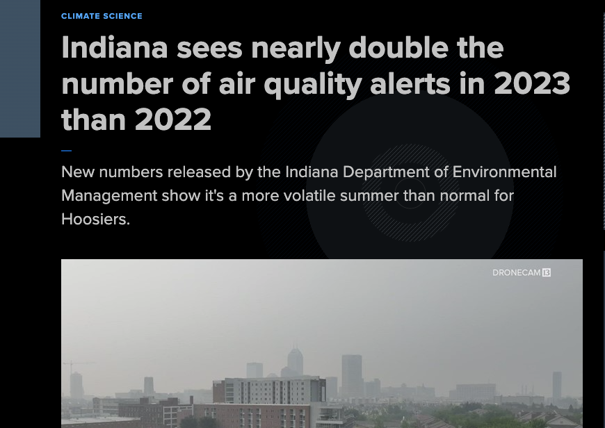 DNCClimate's tweet photo. Already this year, Indiana has seen DOUBLE the air quality alerts through all of 2022, largely due to the climate-intensified wildfire season. Indiana is on the #ClimateFrontlines
#ClimateEmergency
@INDems https://t.co/uWpOn4lyoo https://t.co/qCIPsEcPHv
