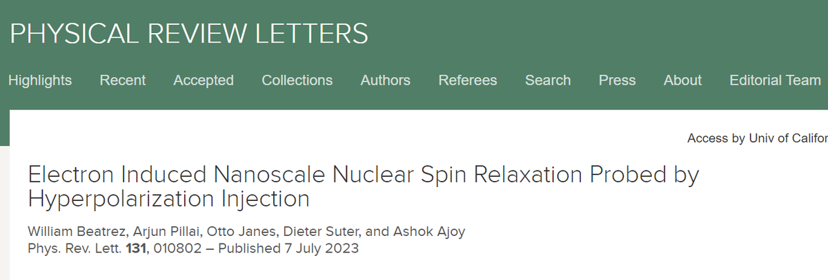 Pleased to see this work in PRL. We observe an electron relaxing nuclei over several nanometers around it. Implications for #DNP and spin discrimination at nm length scales. #NMRchat <a href="/UCB_Chemistry/">College of Chemistry</a>

journals.aps.org/prl/abstract/1…
