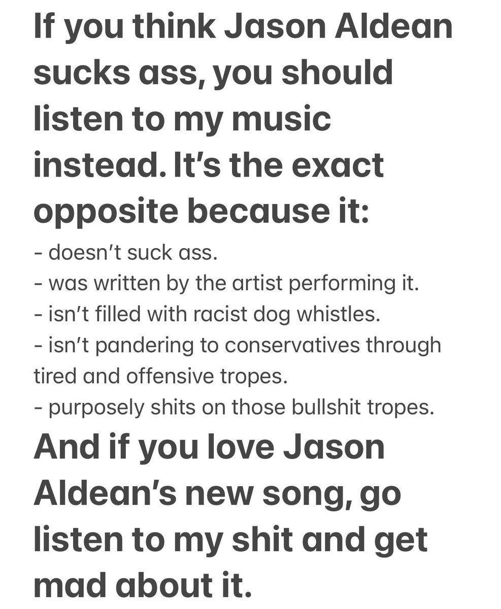 I make y’alternative music for redneck-ass libtards. Go check it out, ya fuggin’ cucks. Suck a fart, Aldean.