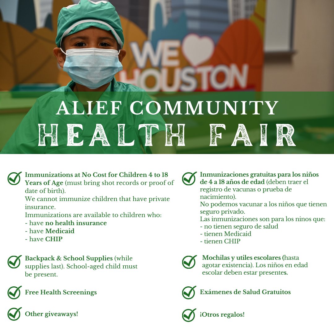 AliefISD's tweet photo. 📢  Alief Community Health Fair this Saturday, July 29, at Hastings Ninth Grade Center! Free vaccines, backpacks &amp; other health-related services will be provided. For more info, such as times &amp; VIP vaccine registration this Wednesday, please visit https://t.co/4IpRIgEfZy. https://t.co/fIoy4cGxzL