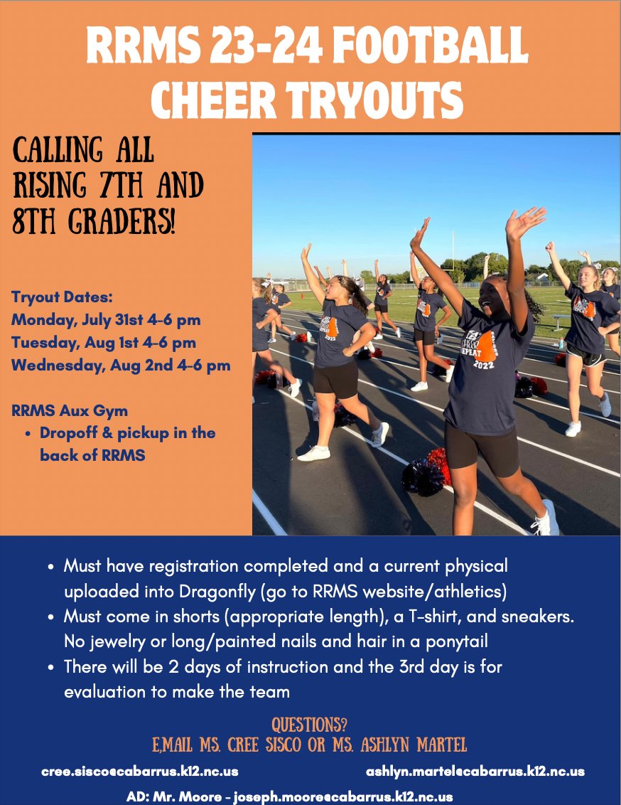 Rising 7th &amp; 8th grader cheer tryouts will take place July 31st - Aug 2nd, 4:00-6:00pm in the RRMS Auxiliary Gym. Drop off/pick up in bus lot. Register and upload current physical into Dragonfly system on RRMS Athletics website. cabarruscountyathleticzone.com/roberta-road/