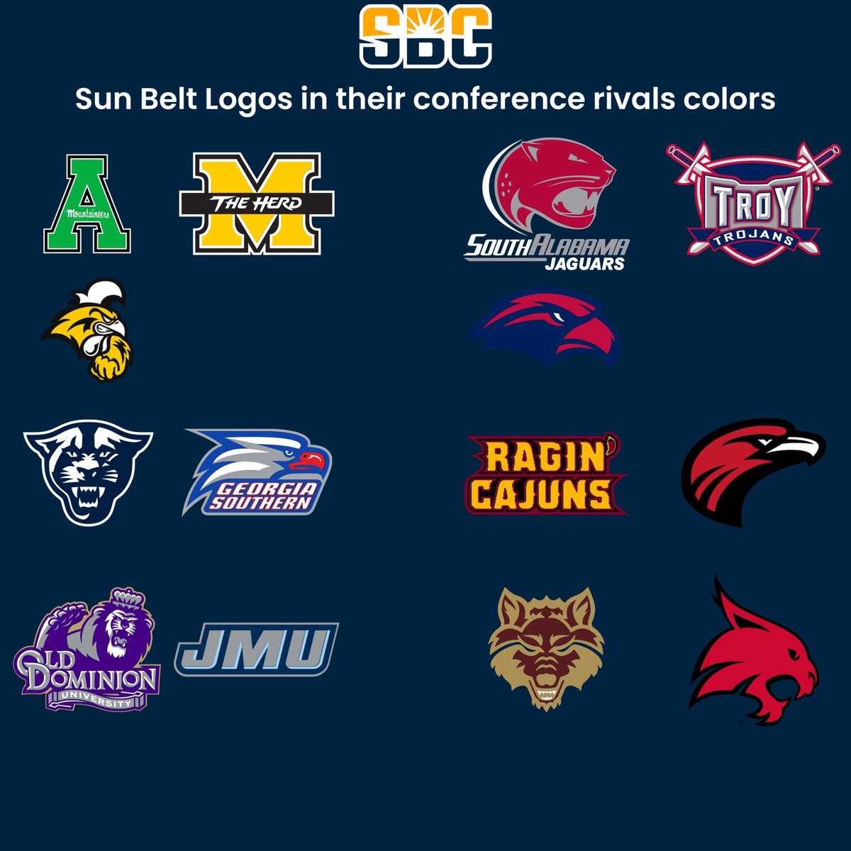BarstoolMU's tweet photo. Something that will make everyone’s eyes bleed:
All Sun Belt team logos in their rivals colors. An amazingly ugly idea https://t.co/9PJYSiED9q