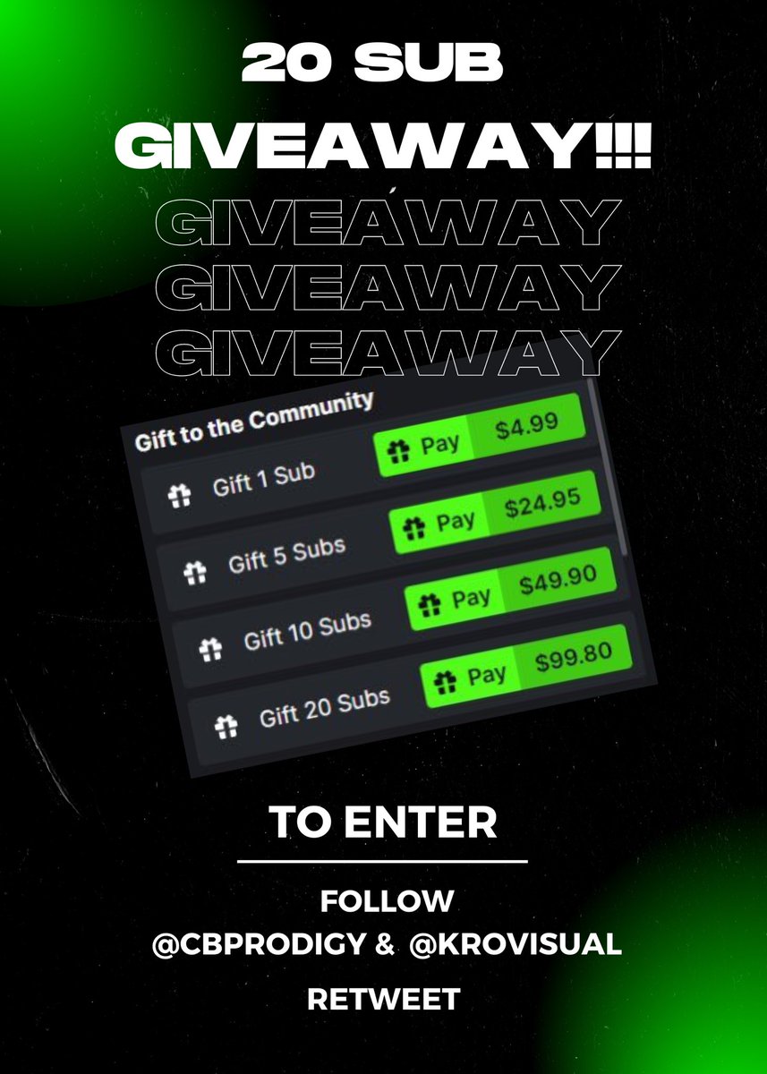 We are giving away 20 subs 💚

To enter you must do the following:

✅Follow: <a href="/CBProdigy/">CB</a> &amp; <a href="/KroVisual/">KroVisual</a>
♻️Retweet this tweet

Winner chosen this Saturday | 7/29