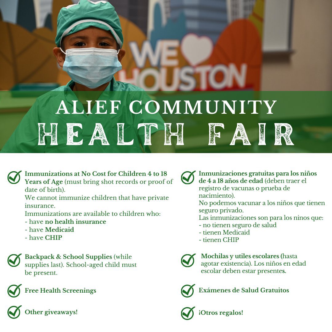 📢 Alief Community Health Fair this Saturday, July 29, at Hastings Ninth Grade Center! Free vaccines, backpacks & other health-related services will be provided. For more info, such as times & VIP vaccine registration this Wednesday, please visit aliefisd.net/healthfair.