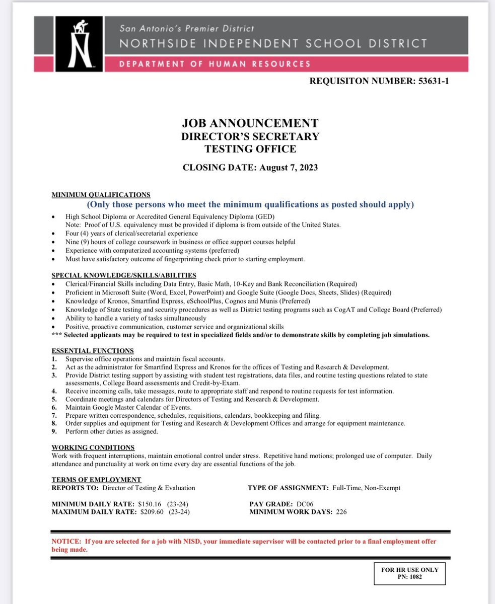 Secretary Opening in NISD Student Services