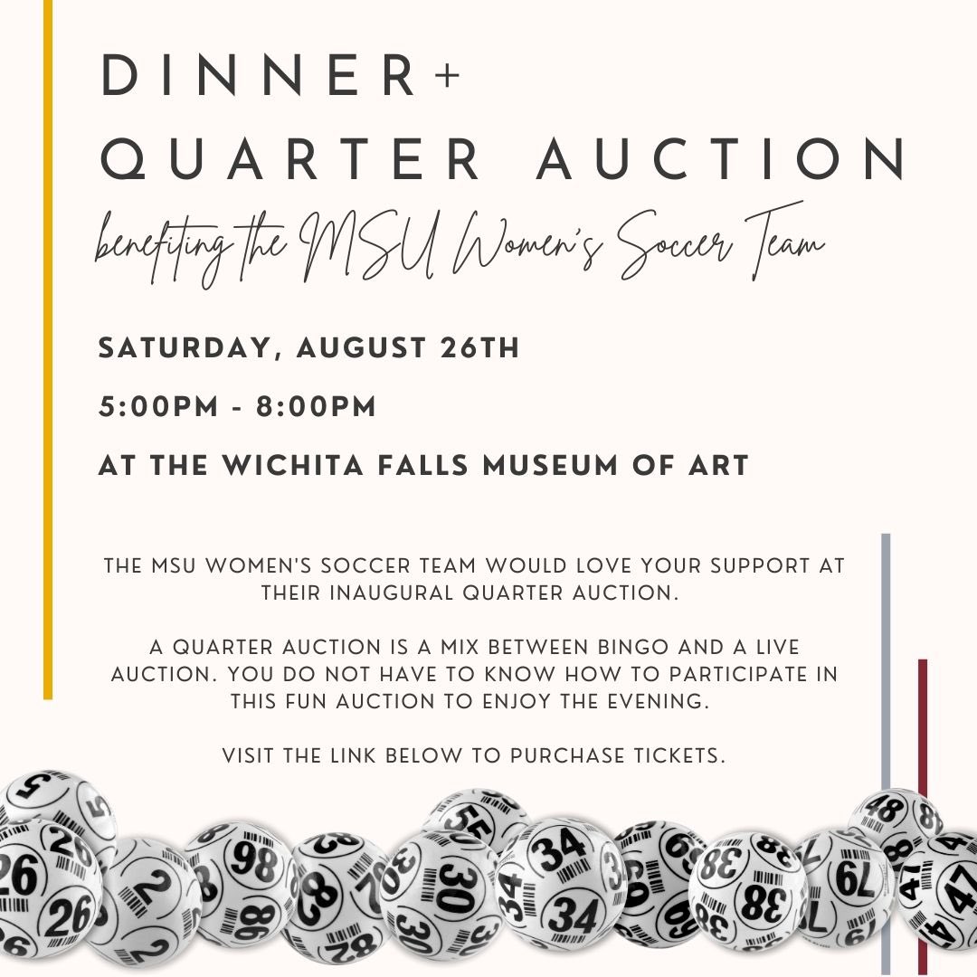 We are excited to host our 1st Annual Midwestern State Women’s Soccer Dinner + Quarter Auction fundraiser on August 26th! We will provide dinner and have many items for all to bid on.
#StangGang 

PURCHASE TICKETS HERE: secure.touchnet.com/C20137_ustores…
