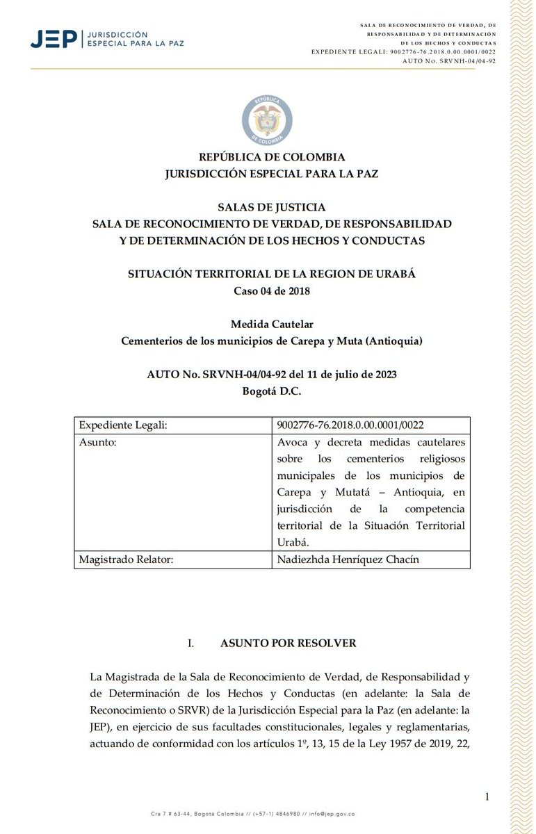 JEP_Colombia's tweet image. 🔴#Atención | La JEP ordenó #MedidasCautelares sobre los cementerios de #Mutatá y #Carepa, en Antioquia, con el fin de proteger posibles cuerpos de víctimas de desaparición forzada