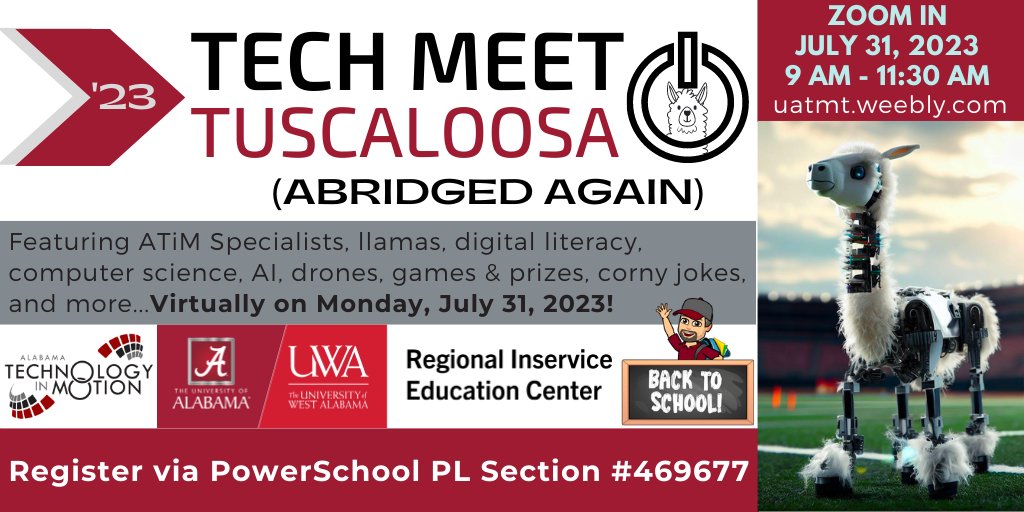 Robert Mayben (@rmayben9) on Twitter photo Just some of the confirmed presenters for Tech Meet Tuscaloosa include AUTiM <a href="/cfoster1018/">Carol</a>, JSUTiM <a href="/vrcurtis/">Valerie Curtis</a>, and the <a href="/TeachwithALEX/">Alabama Learning Exchange 🍎 ALEX</a> team! These would be enough awesomeness on their own, but wait there's more...watch for more info as the week progresses! #uatmt <a href="/ATIMPD02/">ATIMPD!</a> <a href="/UofARIC/">UA/UWA Regional Inservice Center</a> Just some of the confirmed presenters for Tech Meet Tuscaloosa include AUTiM <a href="/cfoster1018/">Carol</a>, JSUTiM <a href="/vrcurtis/">Valerie Curtis</a>, and the <a href="/TeachwithALEX/">Alabama Learning Exchange 🍎 ALEX</a> team! These would be enough awesomeness on their own, but wait there's more...watch for more info as the week progresses! #uatmt <a href="/ATIMPD02/">ATIMPD!</a> <a href="/UofARIC/">UA/UWA Regional Inservice Center</a>