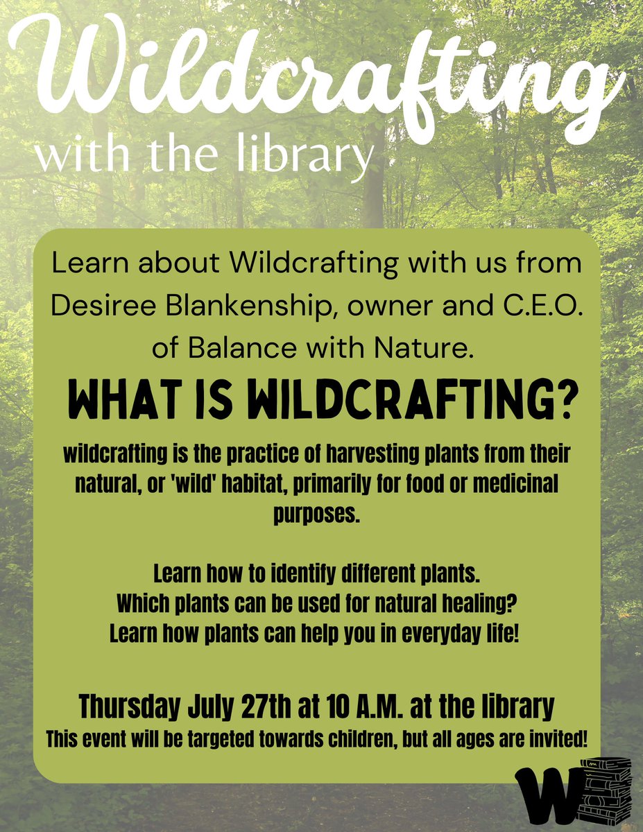 Don't miss out on our Wildcrafting class! 
#WynnewoodPublicLibrary #Wildcrafting #Nature #Herbs #Harvesting
