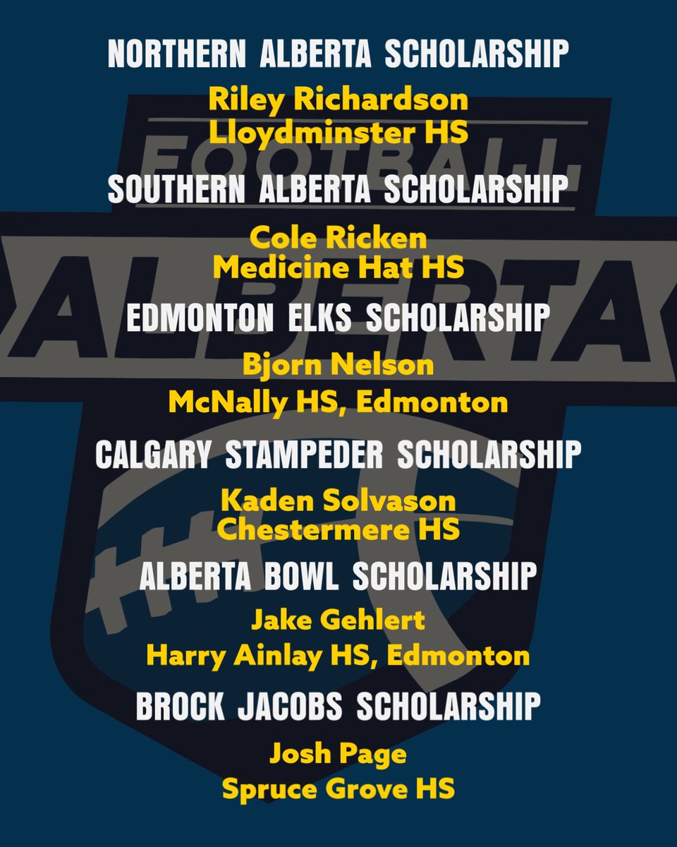 FootballAlberta's tweet photo. Congratulations to our 2023 Scholarship Recipients!
🏈🏈
A one-time only $2000 scholarship will go towards their education while they play for one of Alberta’s elite teams this fall.
🏈🏈
#football #footballalberta #scholarshipwinners https://t.co/qc2nlZVmWc
