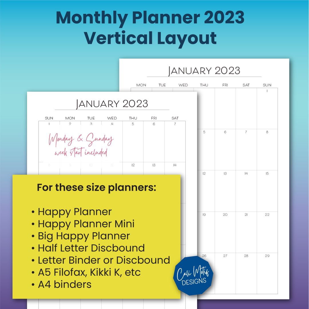 The 2023 monthly calendar is available now at bit.ly/44orbcI . Customize you planner to fit your needs with the various planner size options are included. #plannerfriends #plannergoodies #plannernerd #plannerstickers #plannerlife #classichappyplanner #happyplannergirl