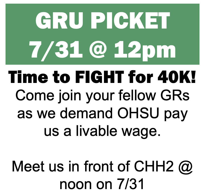 OHSUGradUnion's tweet photo. Come support GRU at our picket next Monday at 12 pm in front of CHH2! https://t.co/VX7e7N8EBZ