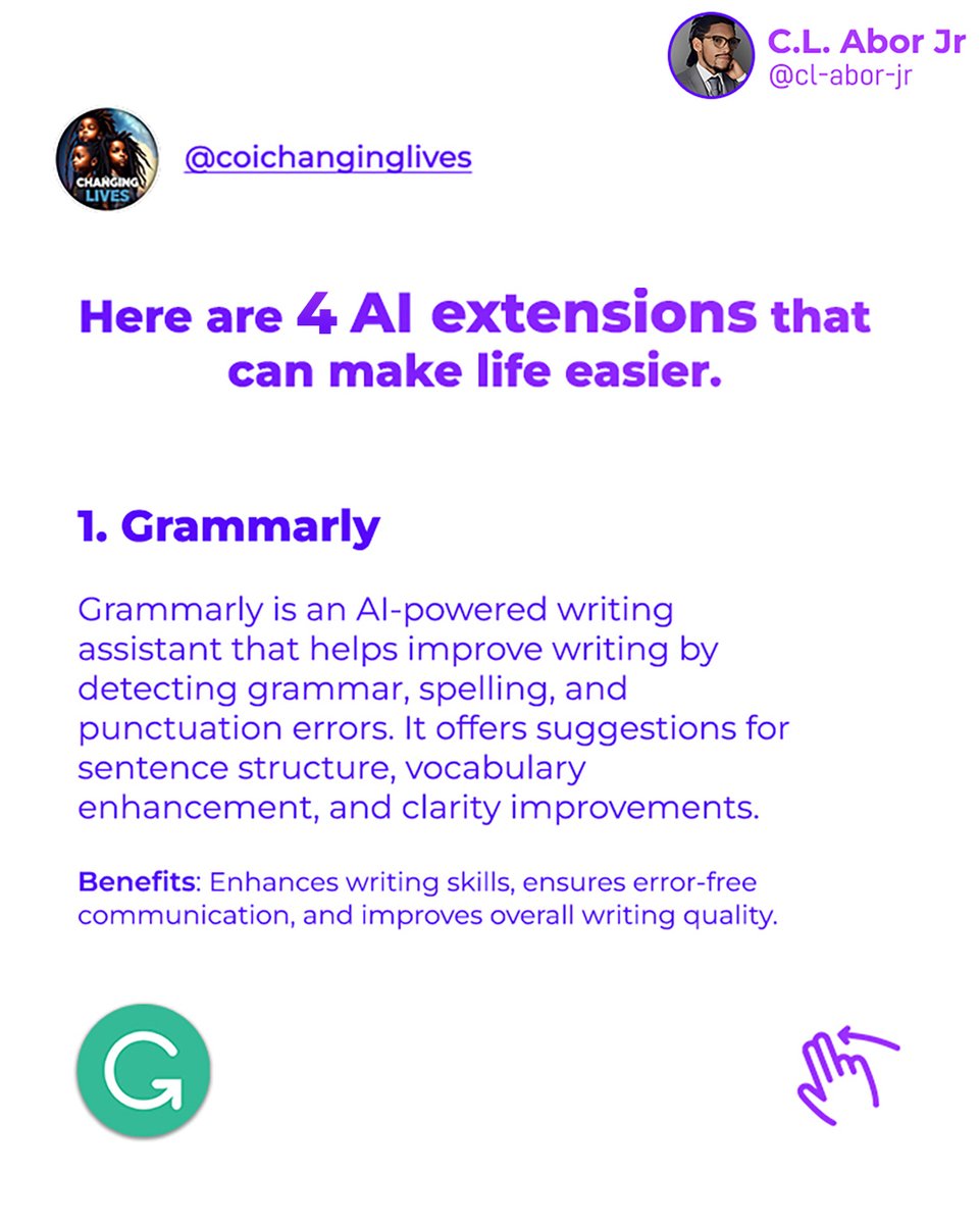 ChangingLivesAI's tweet image. Simplify your tasks, boost productivity, and streamline your daily routines with these AI-powered tools.  🚀
From grammar correction to virtual assistants, these extensions are designed to make your life easier and more efficient.  📊 🔬
#AIExtensions #SmartTools