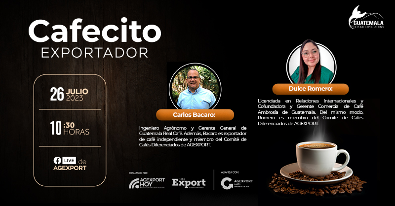 #CafecitoExportador | Durante la mañana del miércoles 26 de julio, nos acompañaran Dulce Romero y Carlos Bacaro, ambos expertos en la exportación, para compartirnos sus experiencias y habilidades en el tema. 

📍Conéctate al Facebook Live
