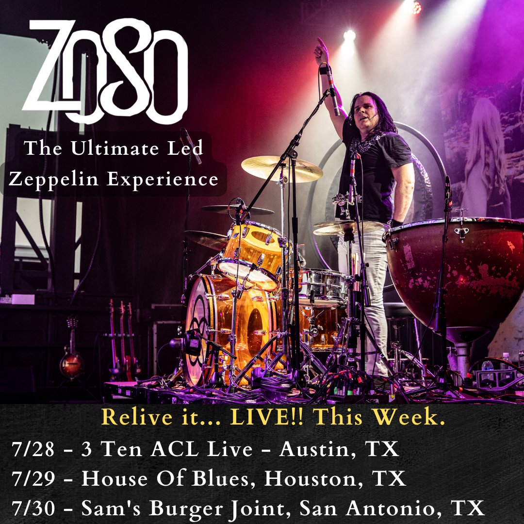 ZoSo (@zosoontour) on Twitter photo This week we fly west, deep in the heart of Texas! Come feel the power of a 26 inch kick drum and the best drummer in the business! Catch us at <a href="/3TENaustin/">3TEN ACL Live</a> , <a href="/HOBHouston/">House of Blues Houston</a>, @samsburgerjoint, <a href="/davies829/">Charlie</a> More dates at zosoontour.com #ledzeppelin
Photo by: @studio30518 This week we fly west, deep in the heart of Texas! Come feel the power of a 26 inch kick drum and the best drummer in the business! Catch us at <a href="/3TENaustin/">3TEN ACL Live</a> , <a href="/HOBHouston/">House of Blues Houston</a>, @samsburgerjoint, <a href="/davies829/">Charlie</a> More dates at zosoontour.com #ledzeppelin
Photo by: @studio30518