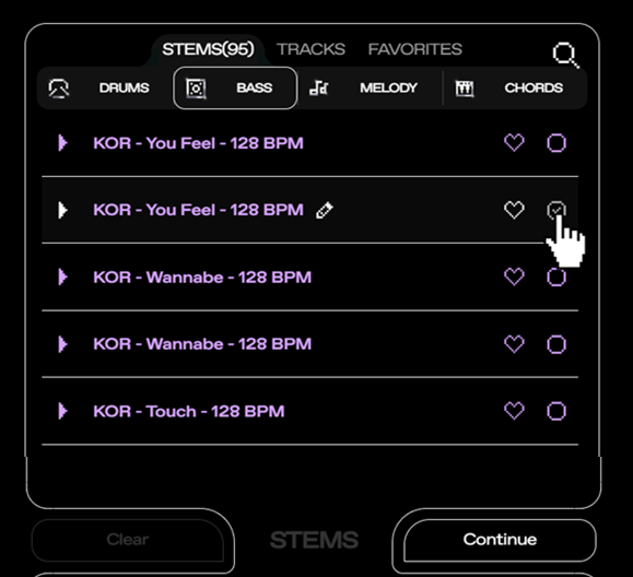 KORUS_AI's tweet image. Creating music on KORUS is super easy - simply select a stem (drum, bass, melody or chords), click ‘continue’ and you’ll have a unique, bespoke and dance-friendly track in seconds 🪇
(3/8)