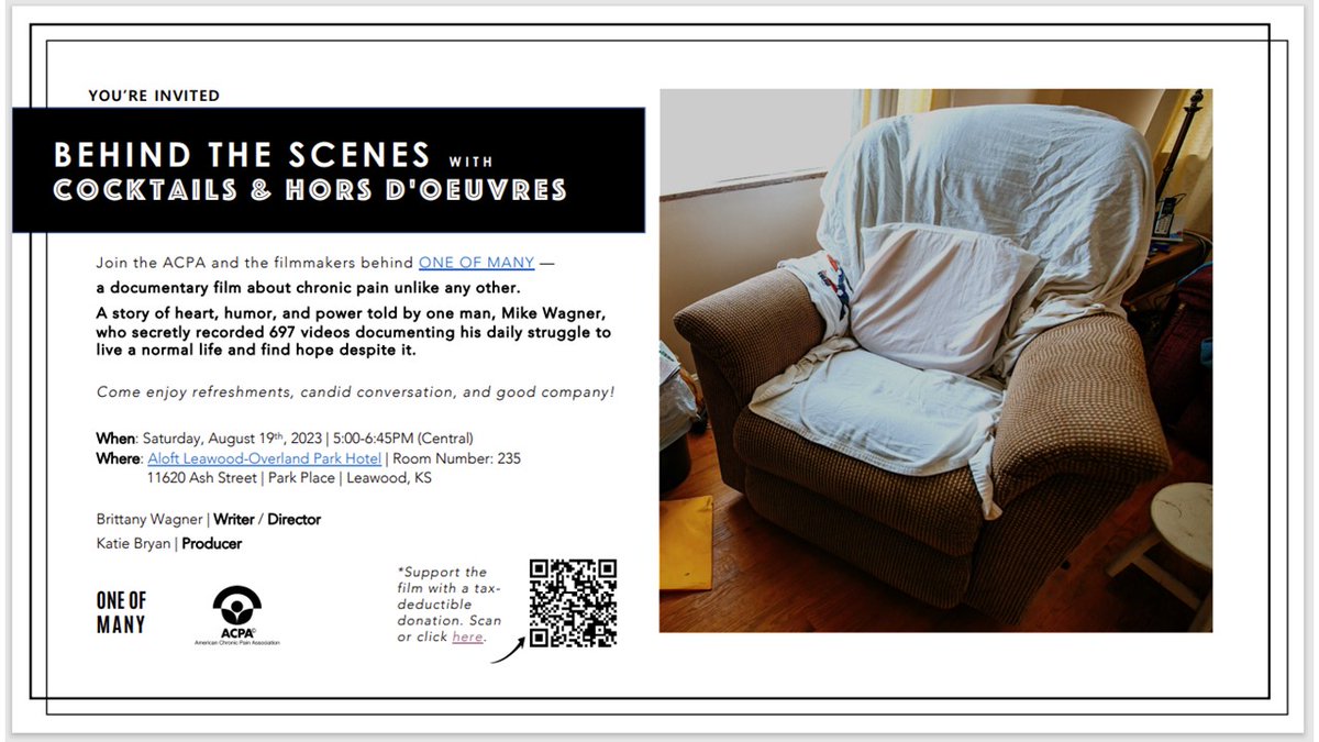 Register for the Live ACPA CME Conference. acpanow.com/2023-cme.html Then, join the ACPA and the filmmakers behind ONE OF MANY - A documentary film about chronic pain like no other... for COCKTAILS &amp; HORS D'OEUVRES