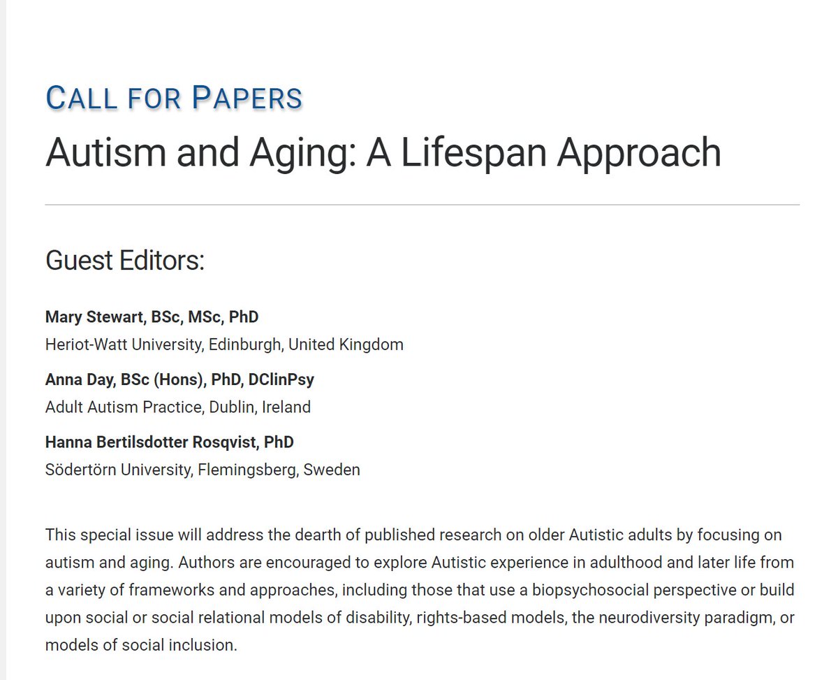 🚨Call for Papers! Autism in Adulthood is looking for publications for an upcoming special issue on Autism and Aging: A Lifespan Approach

Deadline for manuscript submission is January 15th, 2024. 

Check out the full call for papers 👇:
home.liebertpub.com/cfp/autism-and…

#CallForPapers