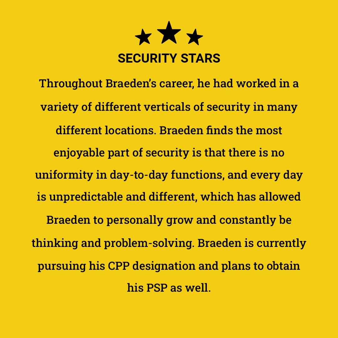 guard_training's tweet photo. Meet Braeden Cockburn, manager of security and life safety at Cadillac Fairview! Braedenโs favorite part of security is that every day is unpredictable and different. Want to start a career in security? Discover our course: https://t.co/VKbKE7lfsY
#securityguardtraining https://t.co/STlMByiIYC