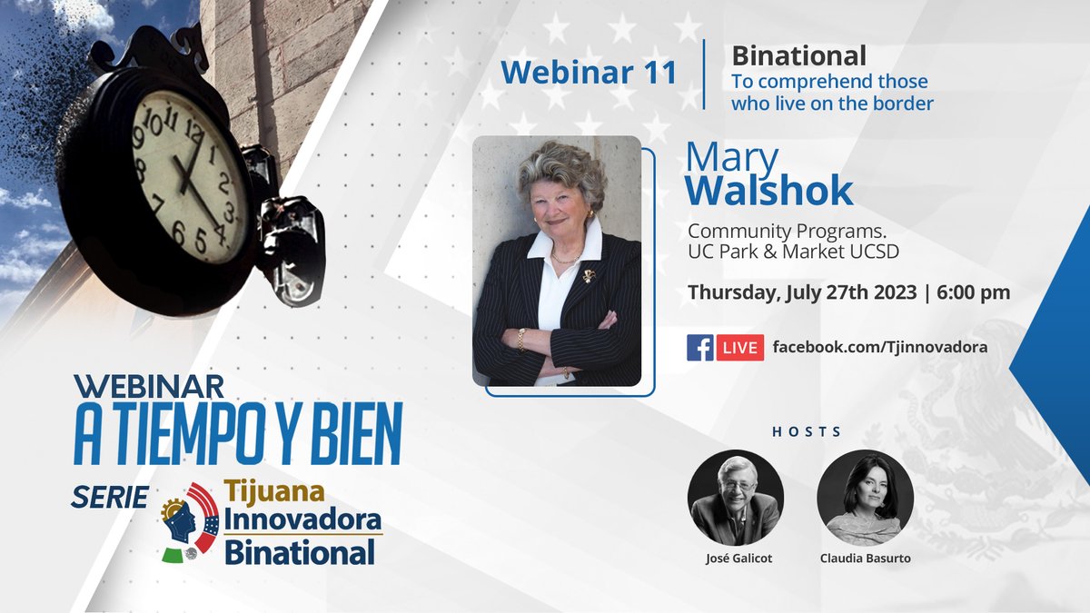 Our Tijuana Innovadora webinar's new season has a #binational approach with #crossborder🇲🇽🇺🇸 personalities🌎 Don't miss #MaryWalshok, Community Programs at @UCSDPark_Market🏫 07/27 @ 6PM (PDT)
RSVP here👉facebook.com/events/2619555…