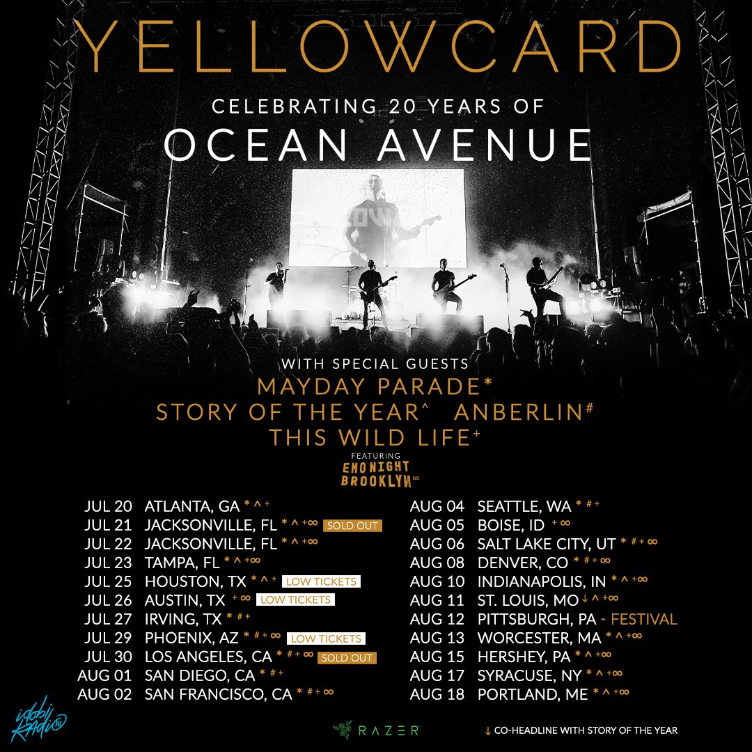 Yellowcard (@yellowcard) on Twitter photo 7/25 Houston
7/26 Austin
7/27 Dallas
7/29 Phoenix
7/30 Los Angeles
8/01 San Diego
8/02 San Francisco
8/04 Seattle
8/05 Boise
8/06 Salt Lake City
8/08 Denver
8/10 Indianapolis
8/11 St. Louis
8/12 Four Chord Music Festival
8/13 Worcester
8/15 Hershey
8/17 Syracuse
8/18 Portland, ME 7/25 Houston
7/26 Austin
7/27 Dallas
7/29 Phoenix
7/30 Los Angeles
8/01 San Diego
8/02 San Francisco
8/04 Seattle
8/05 Boise
8/06 Salt Lake City
8/08 Denver
8/10 Indianapolis
8/11 St. Louis
8/12 Four Chord Music Festival
8/13 Worcester
8/15 Hershey
8/17 Syracuse
8/18 Portland, ME