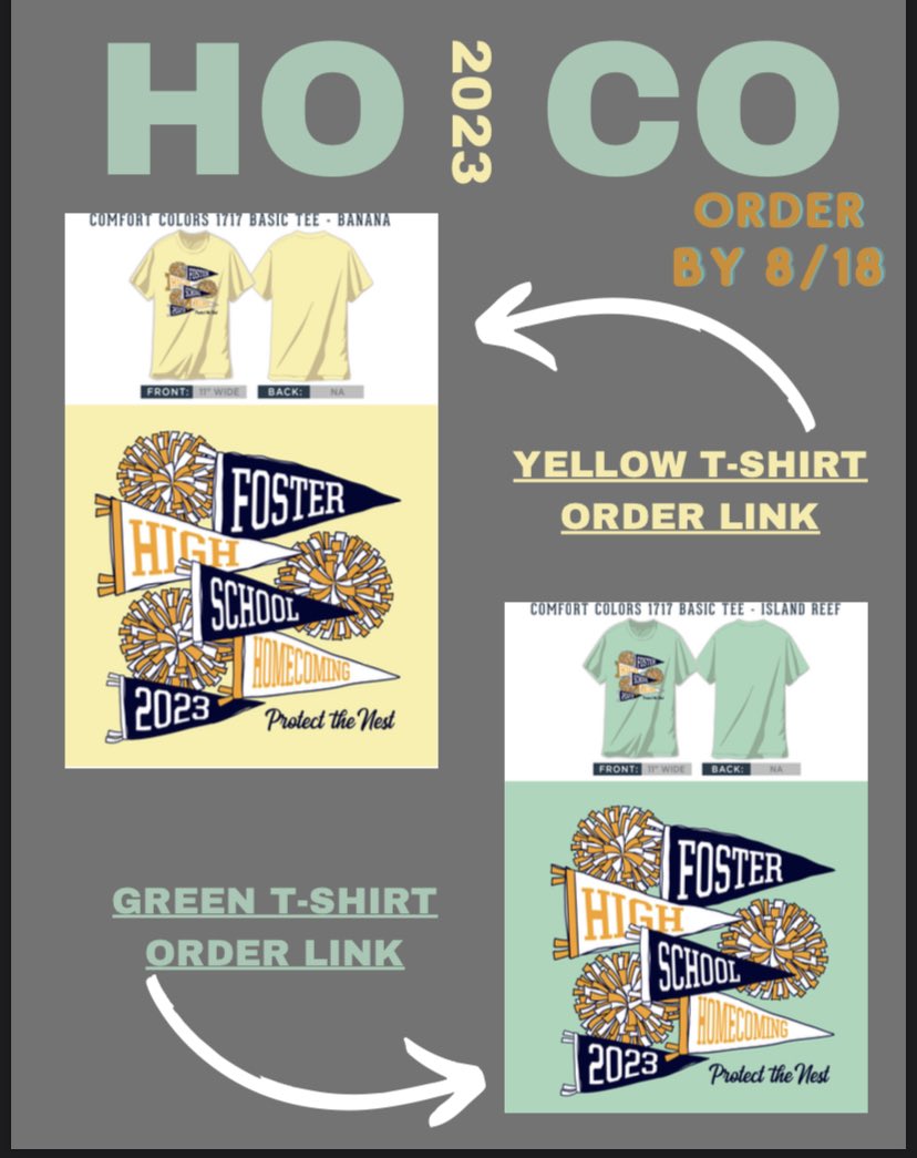 fosterhsstuco's tweet photo. It’s time to order your 2023 HOCO T-Shirts Falcons!  Order by August 18th.  Shirts will be passed out at school by September 15th. 

BANANA (YELLOW) SHIRT - 
https://t.co/yD3lBS2cb2
 
ISLAND REEF (MINT GREEN) SHIRT - 
https://t.co/cyCofa7baW https://t.co/wIjq3m6zwn