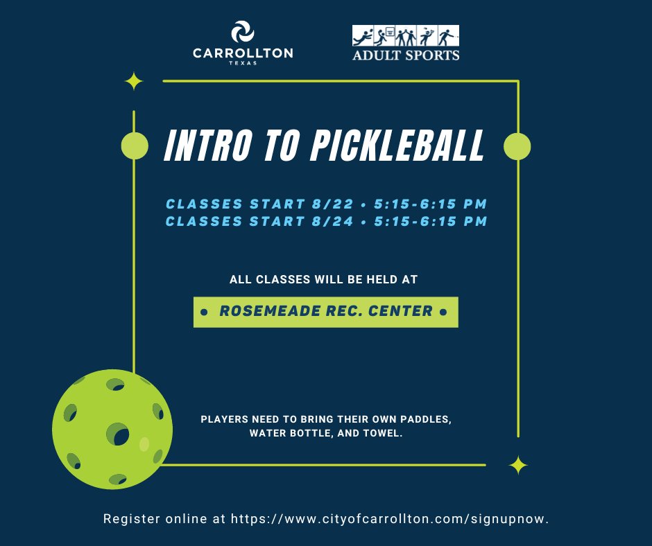 CarrolltonParks's tweet image. Ready to take your pickleball skills to the next level? Join us for our pickleball class and sharpen your game! 📢 We offer classes for beginners &amp;amp; more advanced players. All skillsets are welcome! #pickleballclass #carrolltontx #skilldevelopment webtrac.cityofcarrollton.com/wbwsc/webtrac.…