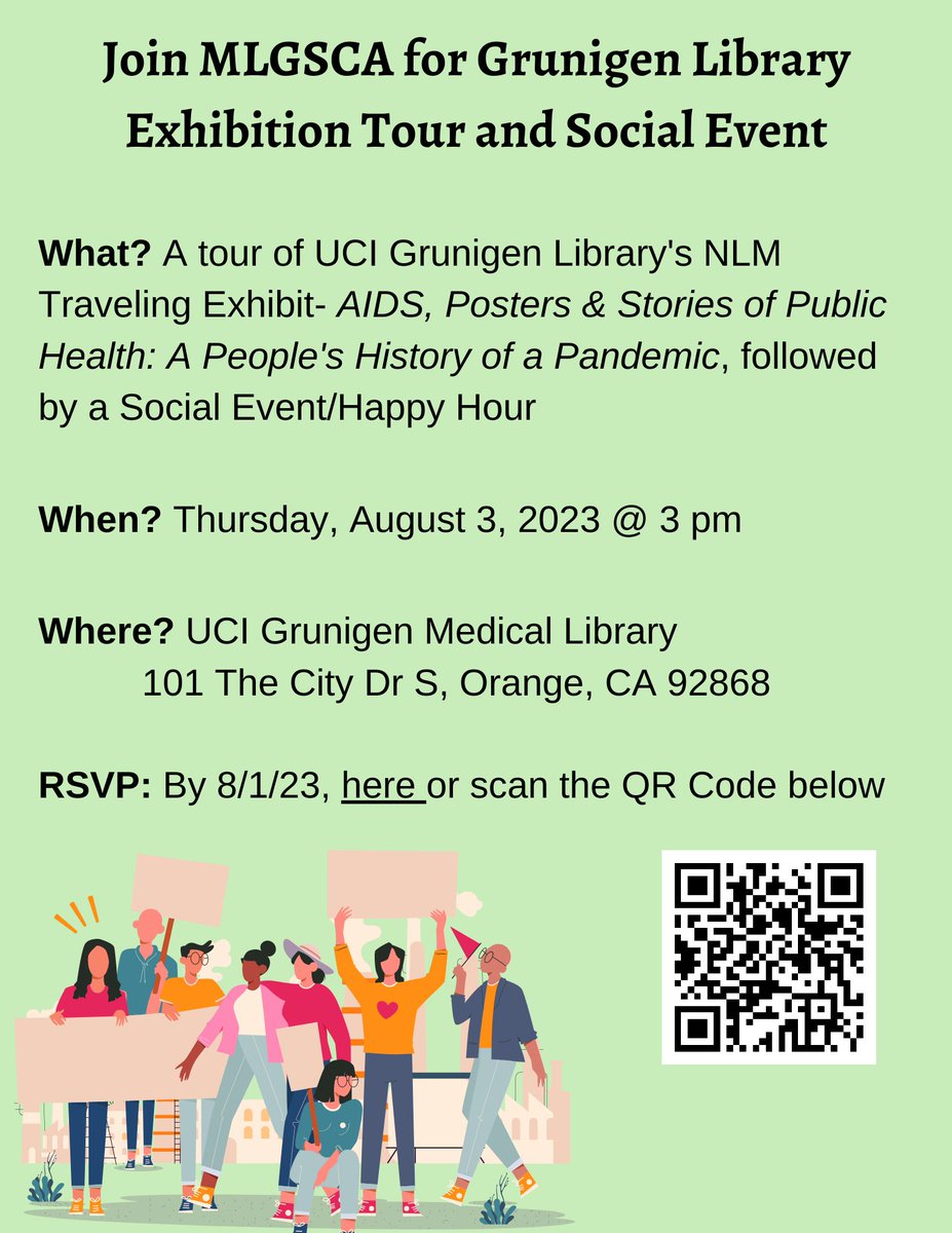 Come to UCI Grunigen Library on August 3 for a tour and to see their NLM Traveling Exhibit - AIDS, Posters &amp; Stories of Public Health: A People's History of a Pandemic, followed by a Social Event/Happy Hour. #NLMTravelingExhibit

Details/register here: forms.gle/5rNmjq32T8YiiT…