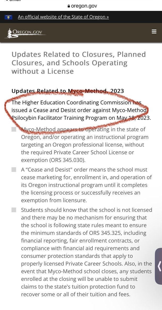 PsilocybinOR's tweet photo. WARNING: 

The Oregon Higher Education Coordinating Commission has issued a Cease and Desist order against Myco-Method Psilocybin Facilitator Training Program. https://t.co/CApOpLR9an