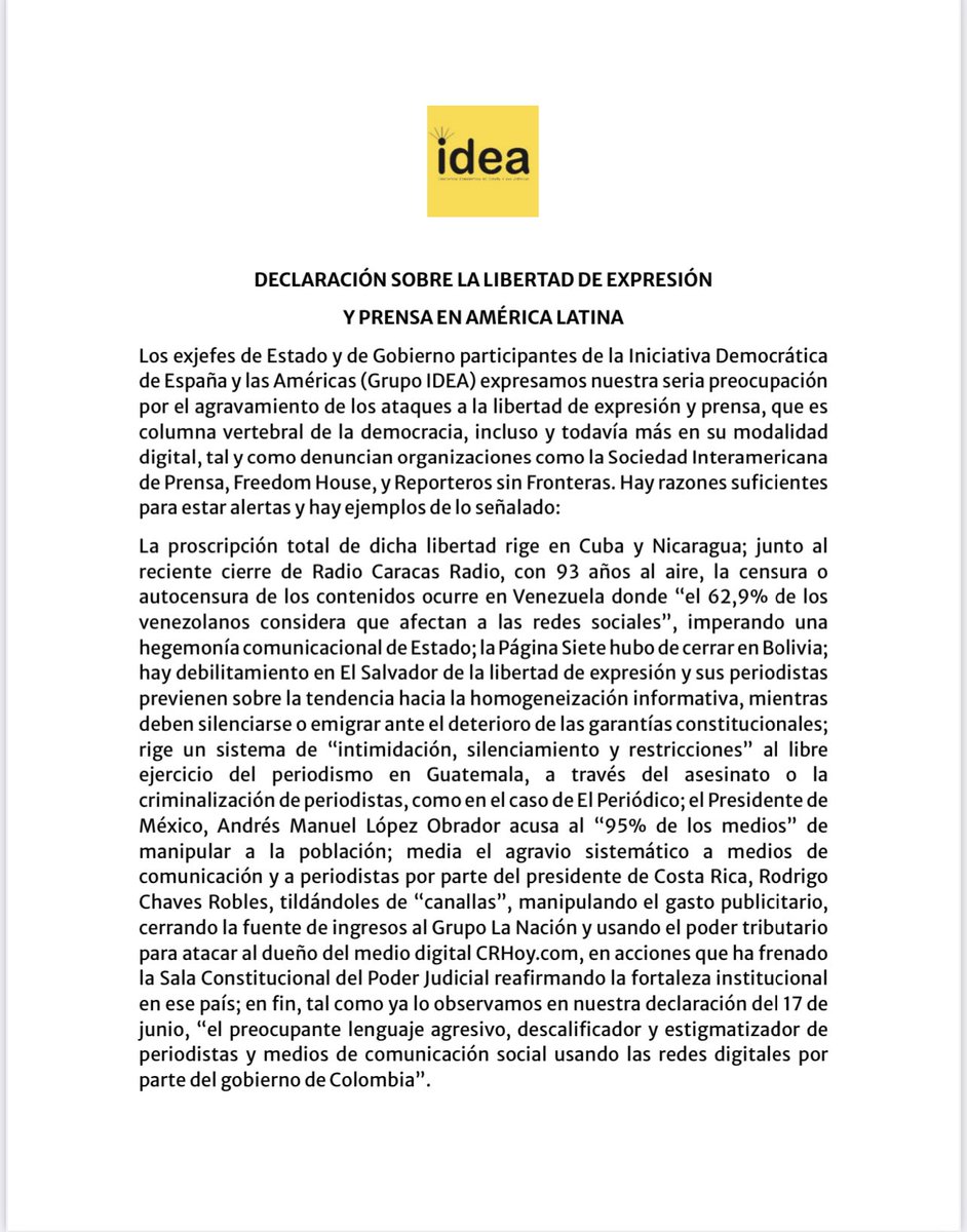 IDEA_Grupo's tweet photo. @Almagro_OEA2015 @RELE_CIDH @freedomhouse @FreedomHouseLAC Punto de inflexión en la libertad de prensa en America Latina, observan 25 expresidentes (Grupo IDEA) https://t.co/XMOZaBmqNt