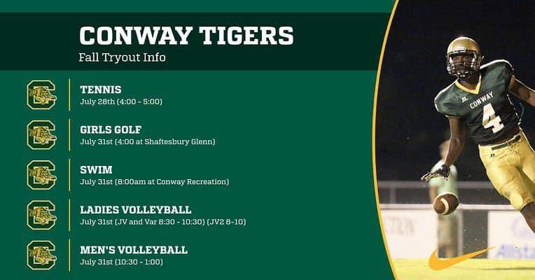conway_high's tweet photo. Fall tryouts are coming up!! Here is your guide on when, where, and what time. Remember you must have a physical and all other paperwork approved in planeths to participate. Go Tigers!!! https://t.co/Hb4a6hSoX4