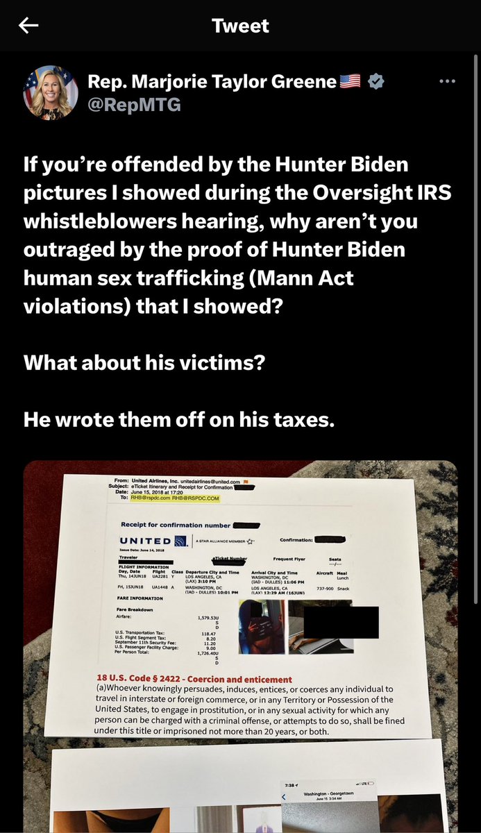 MadeInTheUSANJ's tweet photo. Marjorie Taylor Greene continues to post pornographic pictures on social media while harassing private United States citizen, Hunter Biden.

Raise your hand if you think that Marjorie Taylor Greene should be expelled from office and X immediately. 🤚🤚🤚 https://t.co/m46oWyWzRp