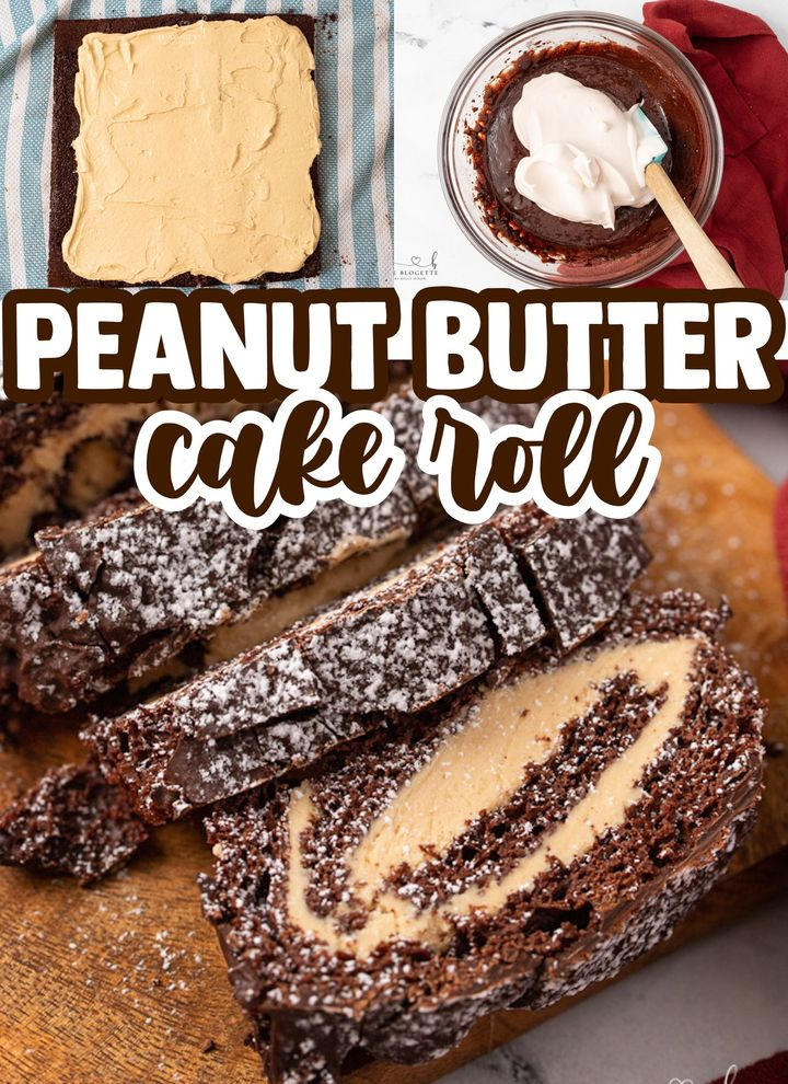 PEANUT BUTTER CHOCOLATE CAKE ROLL 😍 Chocolate cake rolled around a creamy peanut butter filling, then covered in chocolate, and sprinkled in snow-like powdered sugar! theblogette.com/peanut-butter-…