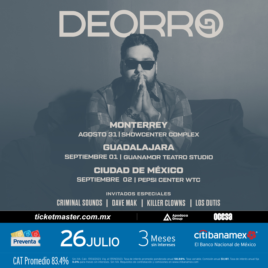 El productor y DJ, @deorro , llega para animar a todo el #pepsicenterwtc el próximo 2 de septiembre. Adquiere tus boletos a través de Ticketmaster o directo en nuestras taquillas.

#preventacitibanamex 26 de julio a las 11:00 am
#ventageneral 27 julio a las 11:00 am