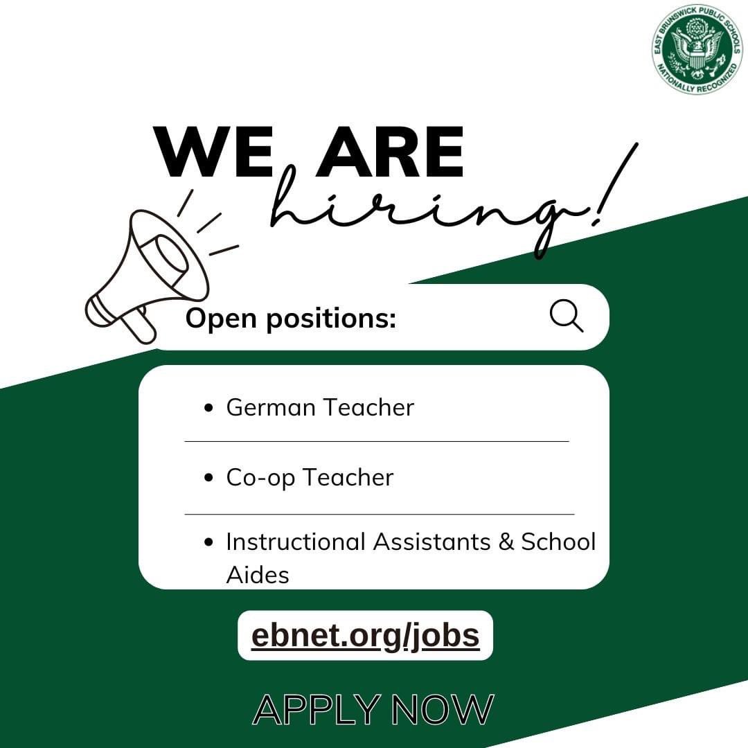 Join <a href="/EBPublicSchools/">East Brunswick Public Schools</a> Team! Apply online ebnet.org/jobs