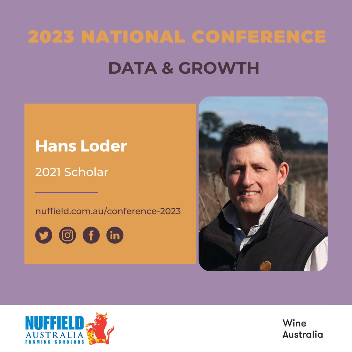 Interested in data and reducing cost of production? Attend our conference and hear SA Scholar Hans Loder present research into data collection and management in #viticulture nuffield.com.au/conference-2023   
Han's scholarship is supported by <a href="/wine_australia/">Wine Australia</a> #nuffieldag #ausag #aussieag
