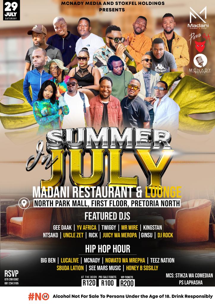 FutureGenesisSA's tweet photo. Wrap up your winter in a bang!

Catch @ginsu_pd at the #SummerInJuly in PTA this weekend!

#GigGuide 
#FutureGenesis 
#FGClients https://t.co/B1MuzdGxI8