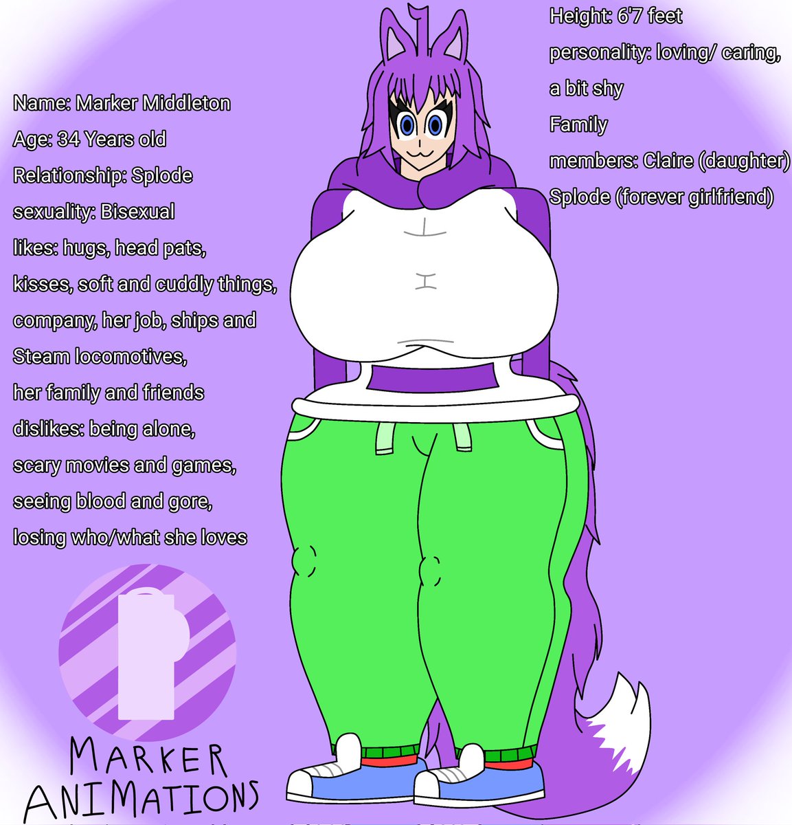 Midnight art post! I redrew Marker's ref sheet digitally now and updated the sheet too! :3 Changes, her sexuality, additional family member list, more clean information on the left #OC #originalcharacter #originalcharacterart #wolfgirl