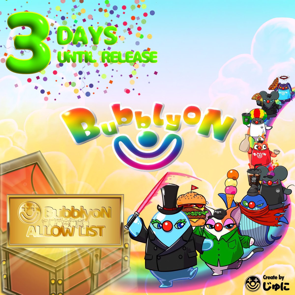 🎈#BubblyoN🎈
リリースまであと3日‼️

素材もほぼ使わずに手書きなので1番時間がかかったイラストです✨️

【セール詳細】
発行枚数：2000枚
mint日：7/28
mint価格：Free～0.018ETH

#OJC
#カウントダウン
#全力応援