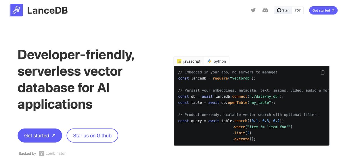 11. Lance (@lancedb) Multi-modal AI is revolutionizing industries, but data management remains a challenge. Lance offers a solution, optimizing storage and handling for this unstructured data, increasing performance, reducing costs. - @saarsaar, CRV