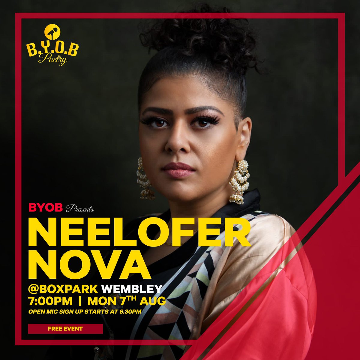 Neelofer Nova graces our stage in August at <a href="/BoxparkWembley/">BOXPARK WEMBLEY</a>!

Tix: bit.ly/byobevents

Open Mic sign up on door, this is an 18+ event

#spokenword #spokenwordpoetry #poetry #openmic #byobpoetry #byobpoetrySouth #poetrycommunity #poetrylondon #spokenwordcommunity