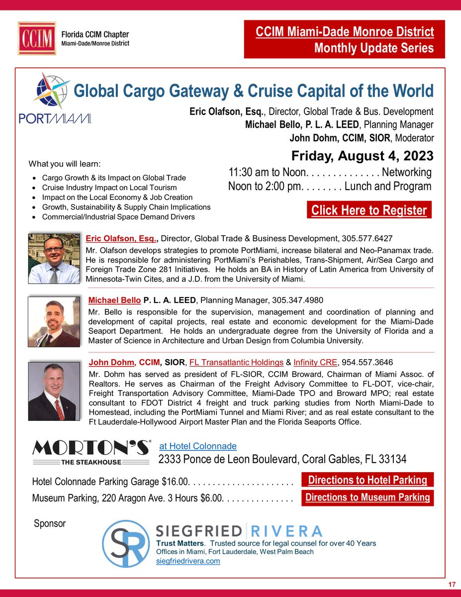 CCIM_Miami's tweet photo. Our #CCIMMiami Luncheon for August is: Global Cargo Gateway &amp; Cruise Capital of the World 🛳 Don't miss great information from great speakers- Eric Olafson, Michael Bello, and our very own John Dohm. Thank you to our sponsors @SiegfriedRivera. Register now https://t.co/WXoLCfMphI https://t.co/Pnf8SFc5CB