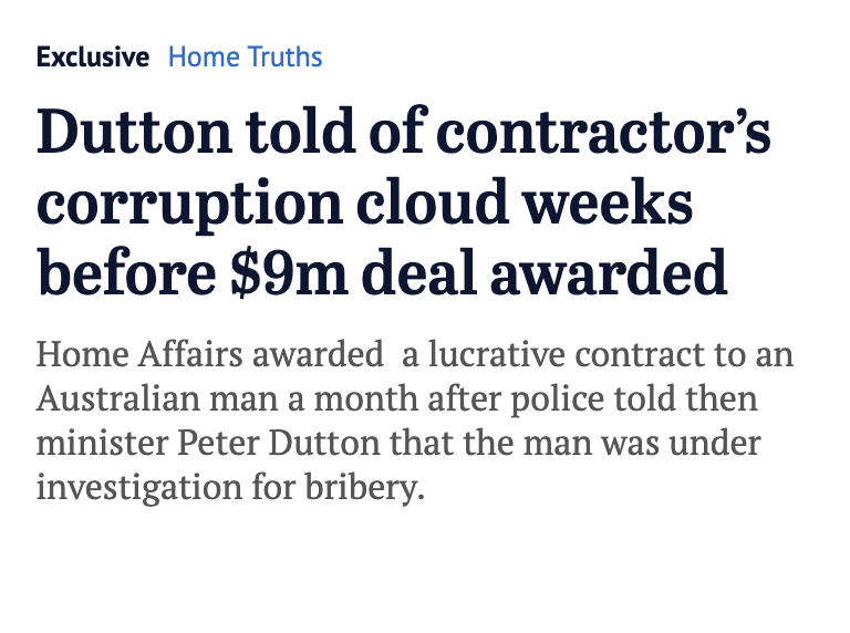 instanterudite's tweet photo. Sen Cash can argue all she likes that "the Dept signed the contracts" but this ignores (a) Dutton knew the Dept was signing contracts with an accused criminal &amp; (b) whilst currently observed more in the breach, in a Westminster system the Minister takes responsibility. #auspol https://t.co/MggxEKc4ke